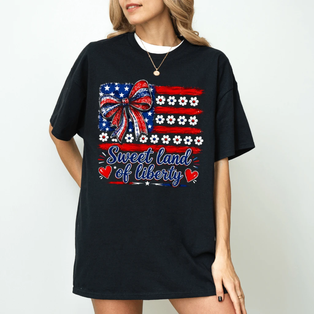 Sweet Land of Liberty Coquette Bow USA Flag T-Shirt - Cute Patriotic Gift for Her - back view