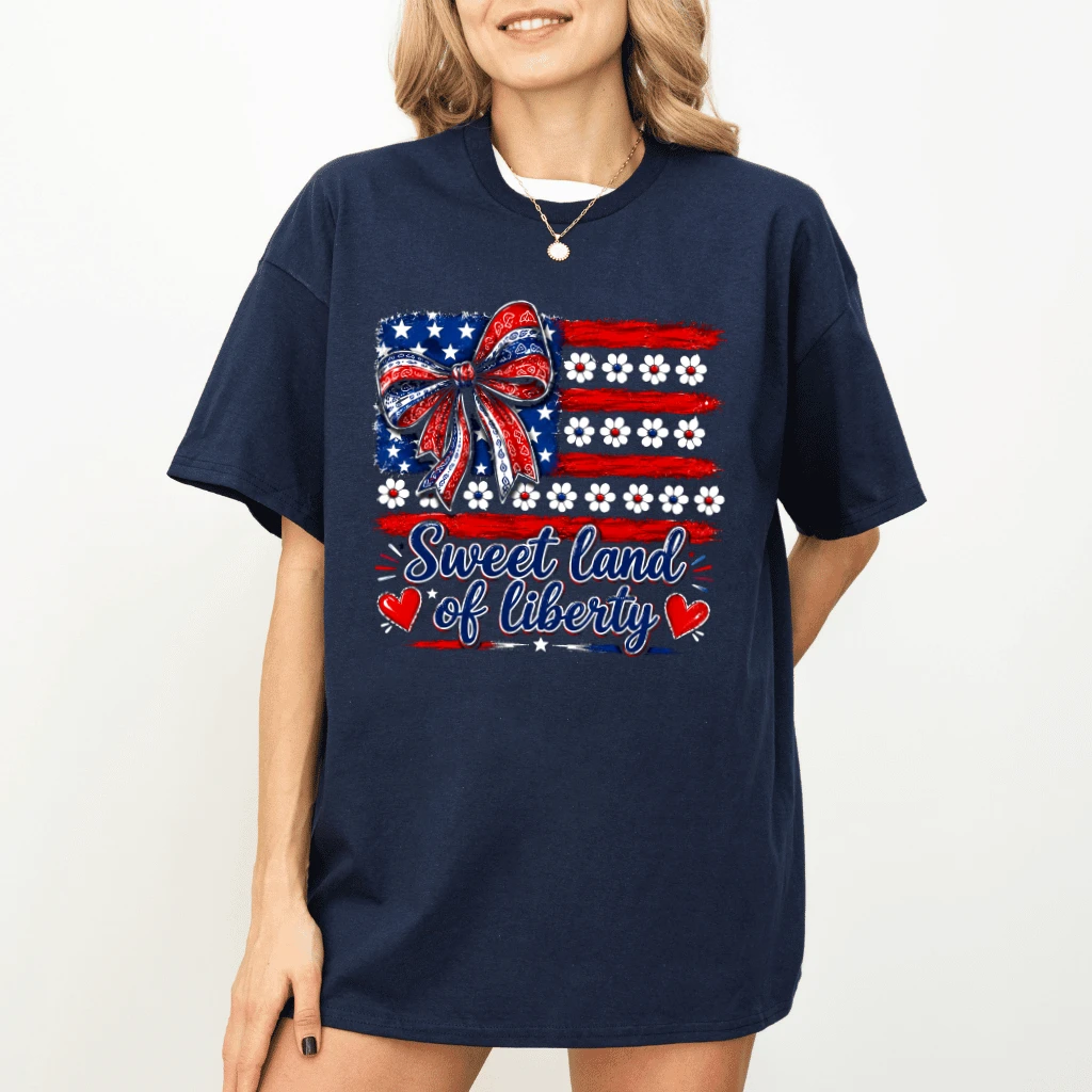 Sweet Land of Liberty Coquette Bow USA Flag T-Shirt - Cute Patriotic Gift for Her - detail view