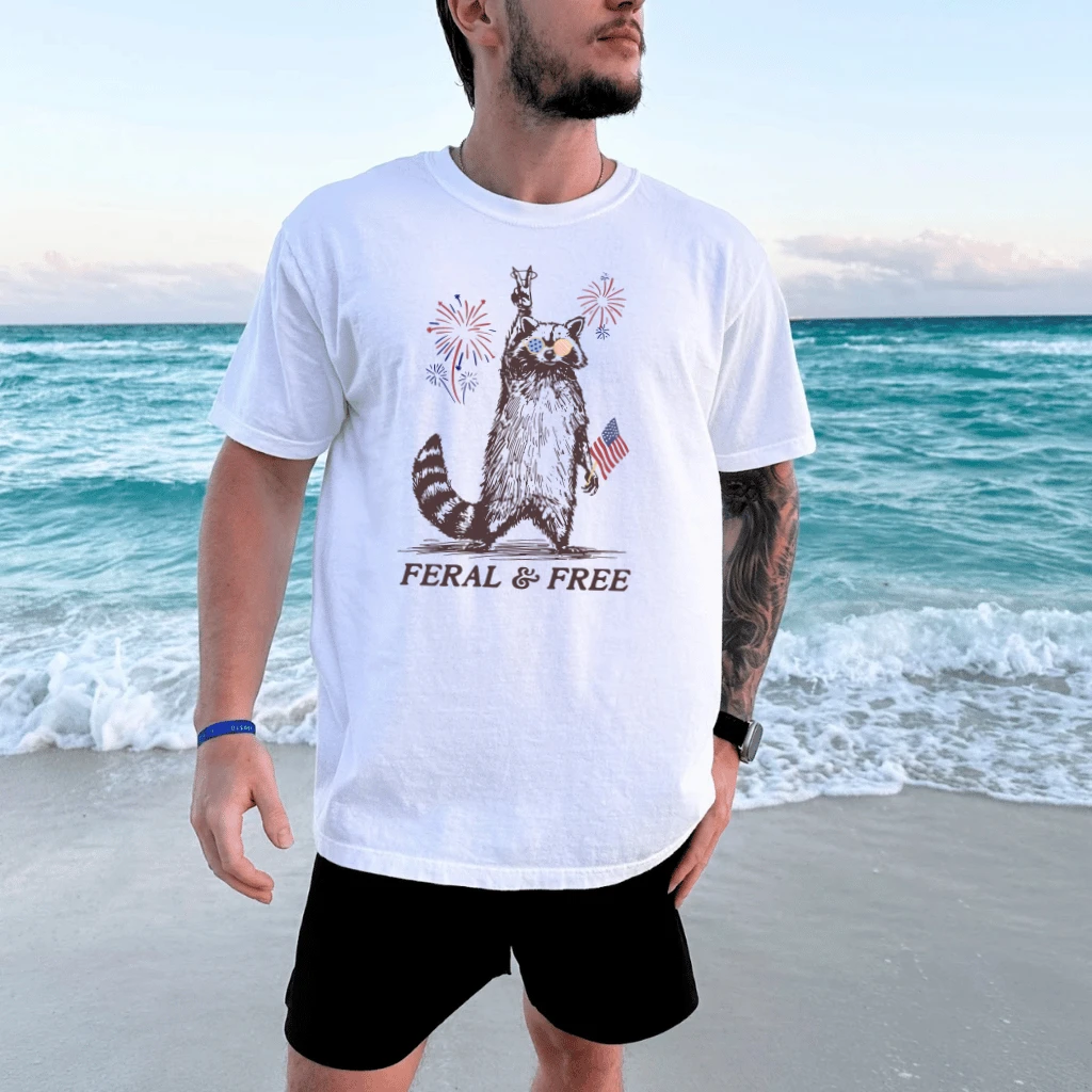 Feral And Free 4th Of July T-Shirt | Funny USA Raccoon Gift for Independence Day - detail view