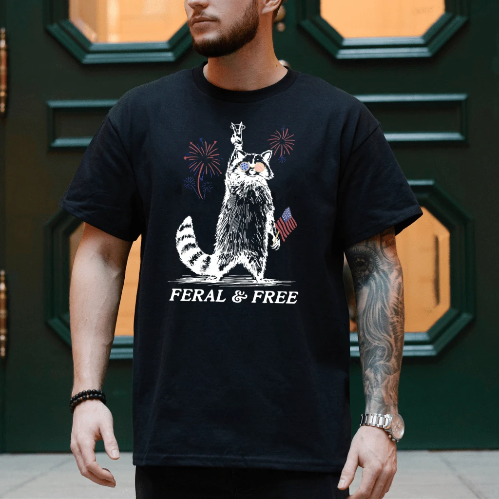 Retro Feral And Free 4th Of July T-Shirt | Funny Patriotic Raccoon Gift for Independence Day - back view