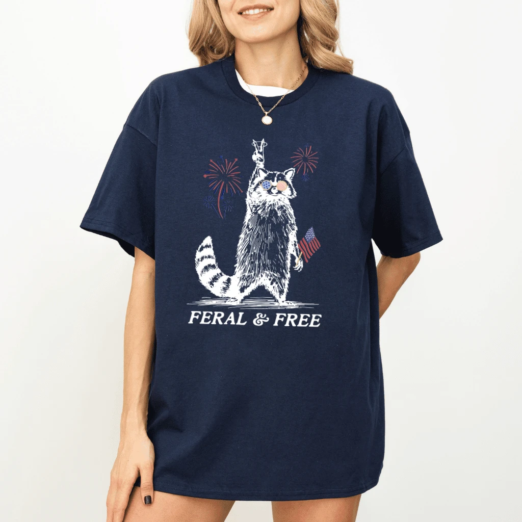 Retro Feral And Free 4th Of July T-Shirt | Funny Patriotic Raccoon Gift for Independence Day - detail view