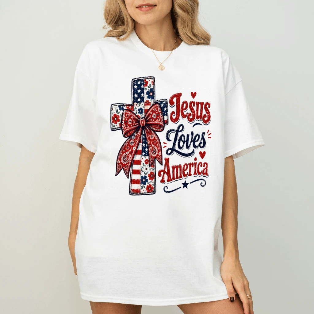 Vintage Jesus Loves America T-Shirt - Coquette Jesus Cross Faith Gift for 4th of July - back view