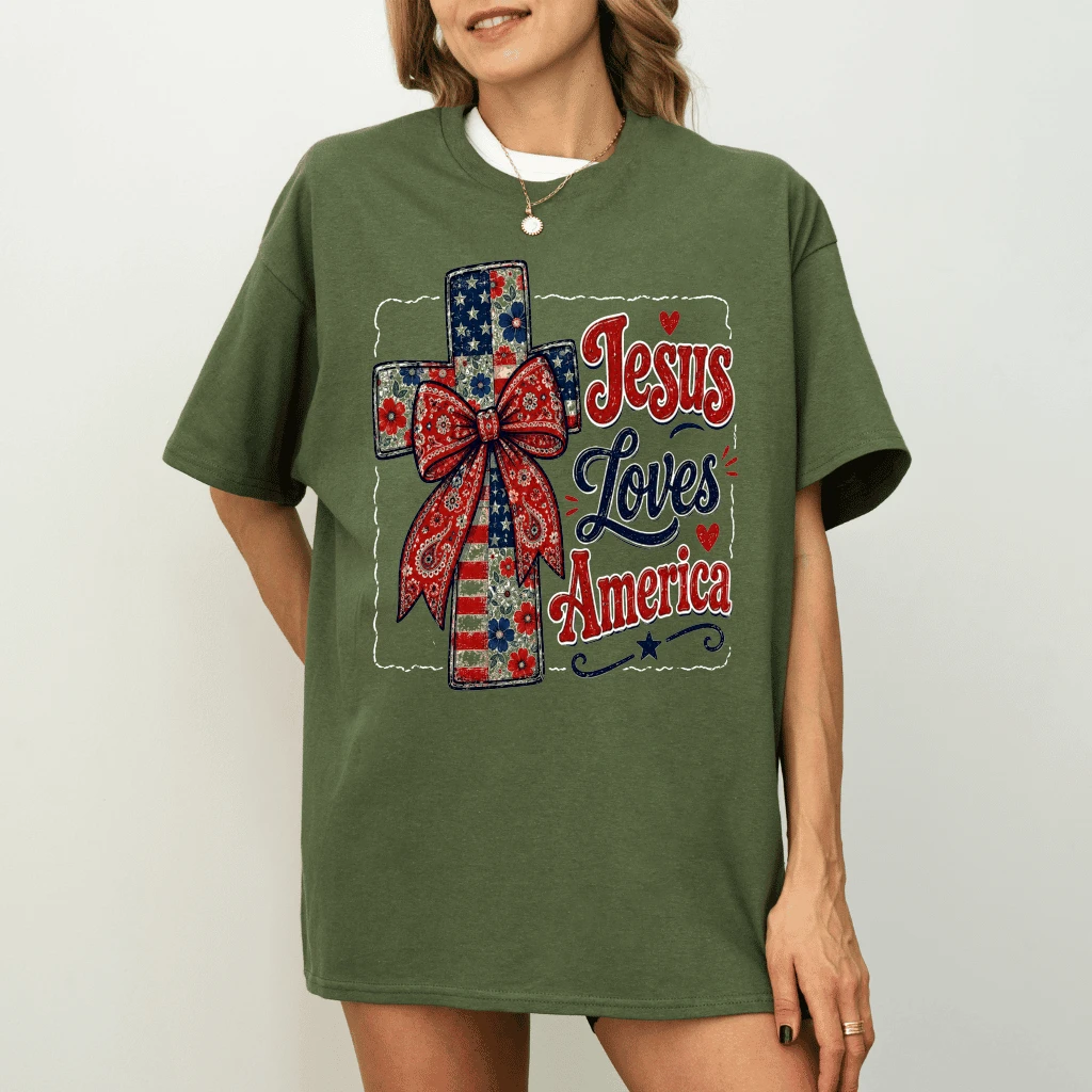 Vintage Jesus Loves America T-Shirt - Coquette Jesus Cross Faith Gift for 4th of July - detail view