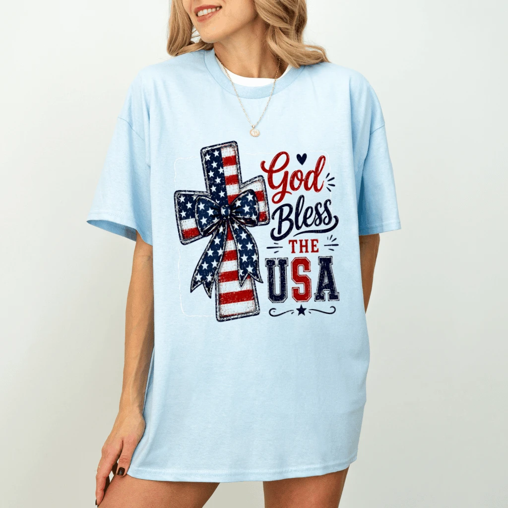 God Bless USA T-Shirt - Patriotic Jesus Cross Faith Gift for Women - detail view