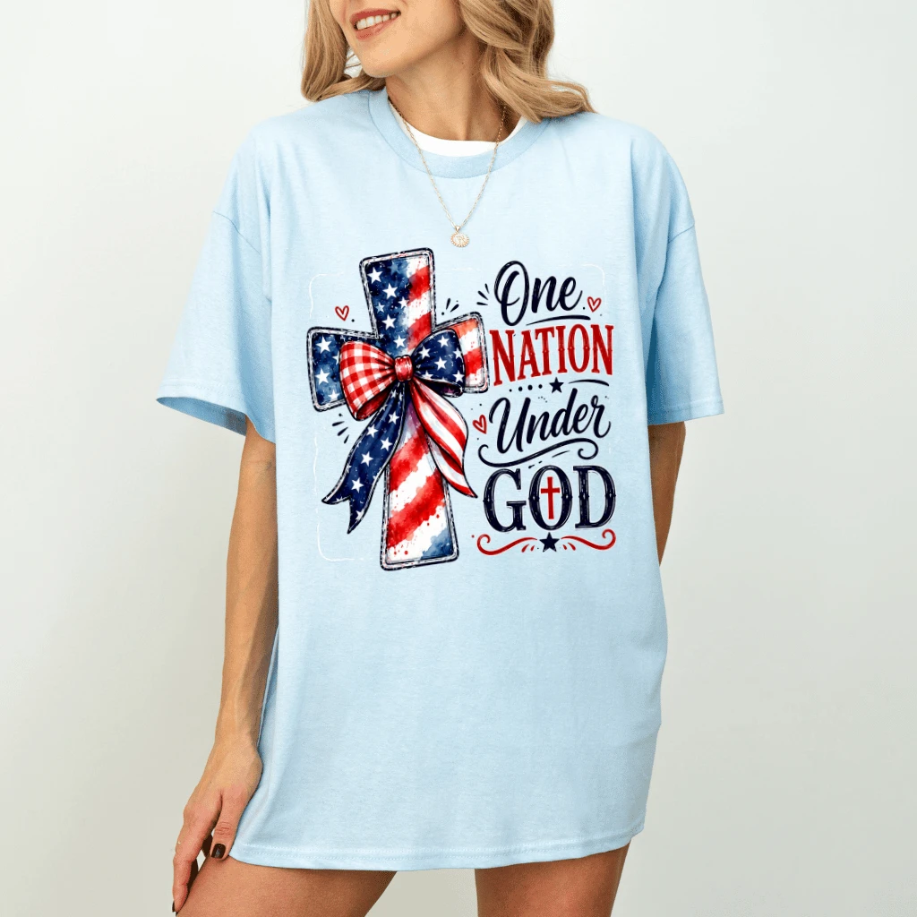 America One Nation Under God T-Shirt - USA Patriotic Jesus Cross Faith Gift for Her - back view