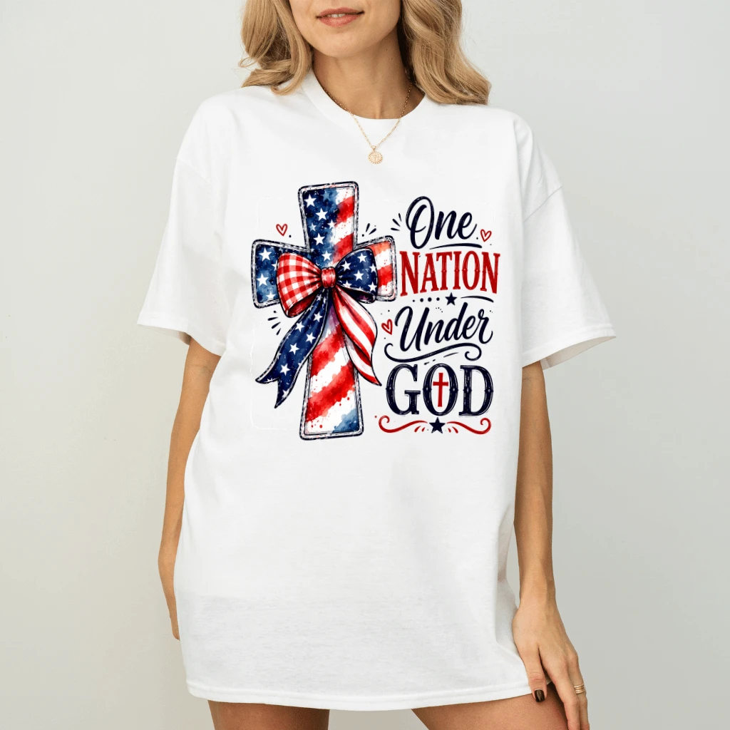 America One Nation Under God T-Shirt - USA Patriotic Jesus Cross Faith Gift for Her - detail view