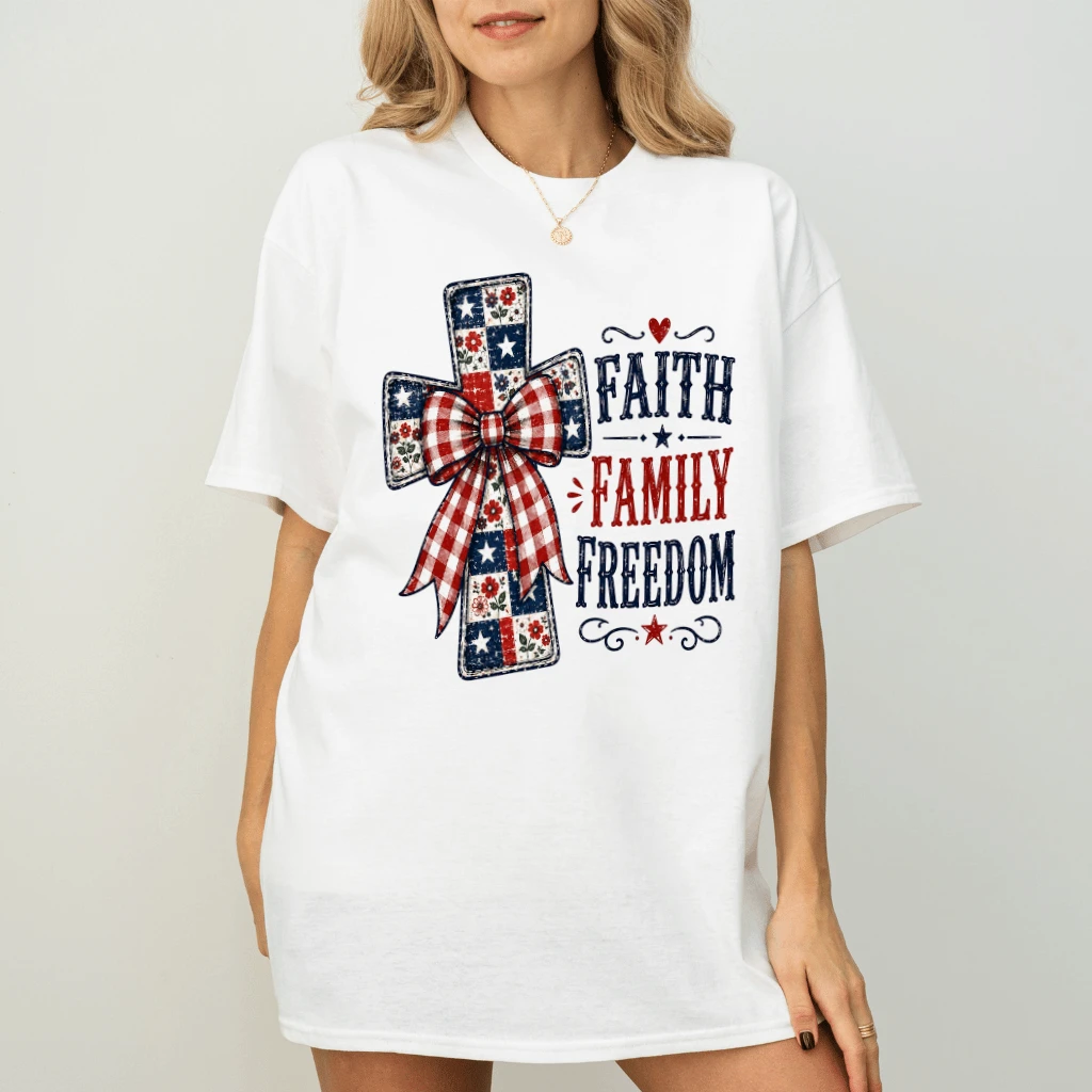 Vintage Faith Family and Freedom T-Shirt - Coquette Patriotic Christian Gift for Her Jesus Lover - back view