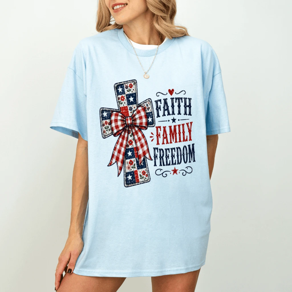Vintage Faith Family and Freedom T-Shirt - Coquette Patriotic Christian Gift for Her Jesus Lover - detail view