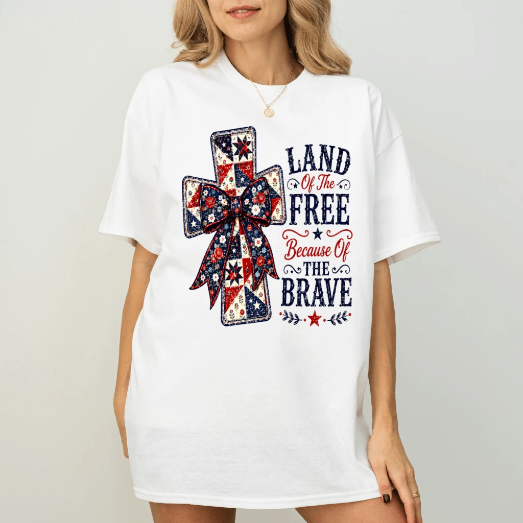Land of The Free USA Jesus Cross Faith T-Shirt - Patriotic Christian Gift for Her - back view