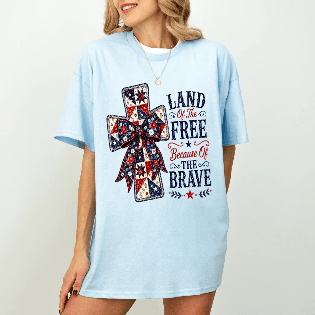 Land of The Free USA Jesus Cross Faith T-Shirt - Patriotic Christian Gift for Her - detail view
