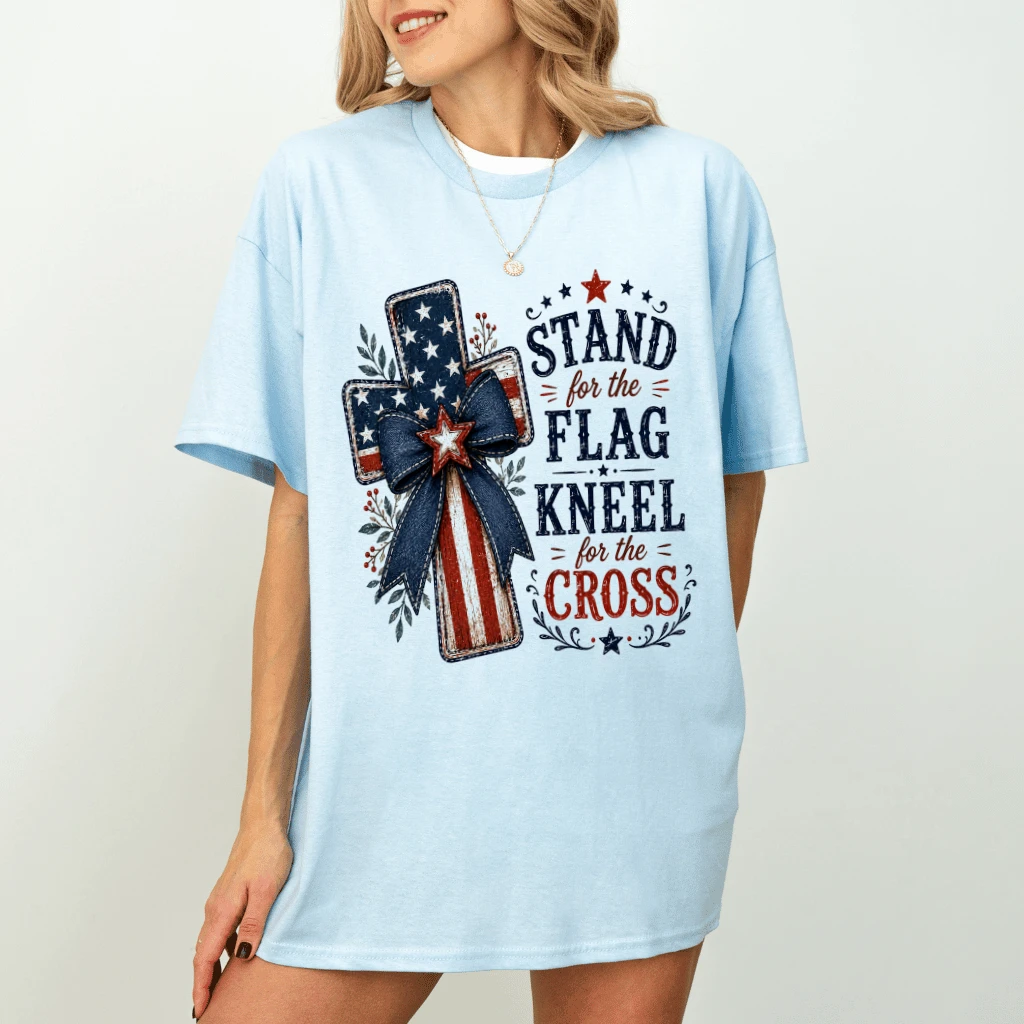 Stand for the Flag Kneel for the Cross Patriotic Christian T-Shirt - 4th of July Gift for Jesus Lover - detail view