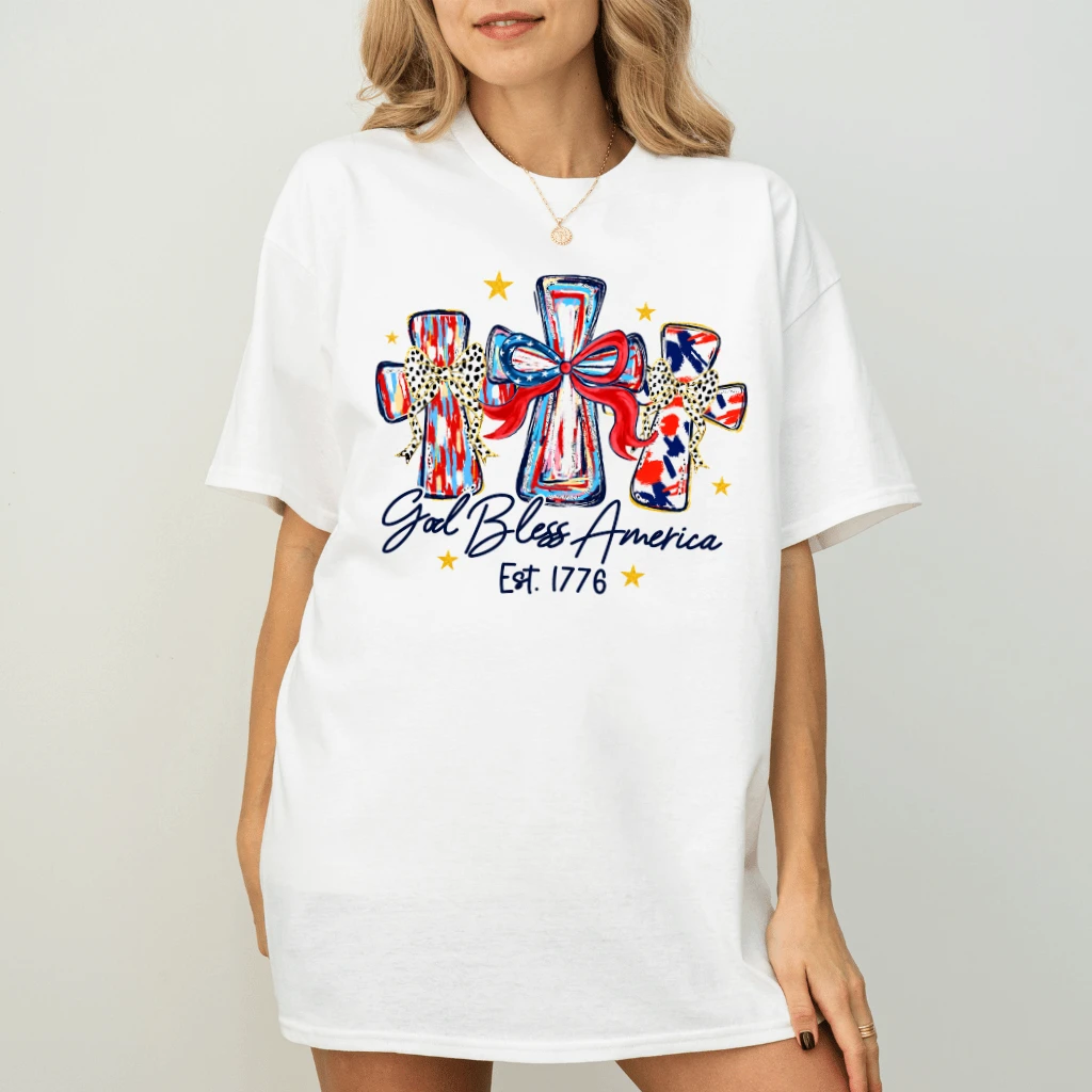 Brush Stroke Jesus Cross God Bless America T-Shirt - Patriotic Christian Gift for Her - back view