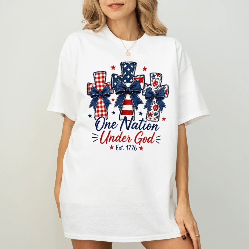 Trendy USA One Nation Under God T-Shirt - Coquette 4th of July Christian Gift for Her - back view