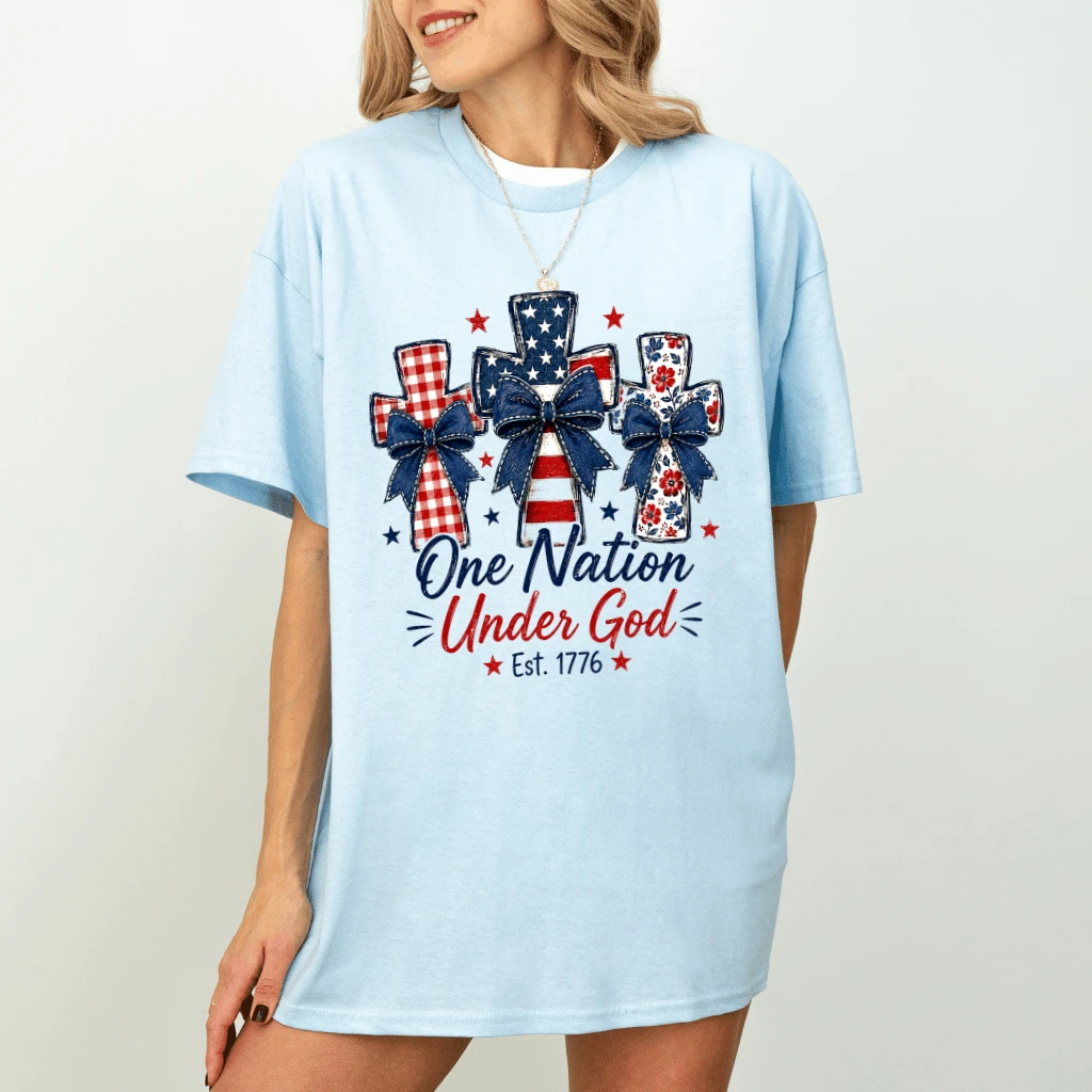 Trendy USA One Nation Under God T-Shirt - Coquette 4th of July Christian Gift for Her - detail view