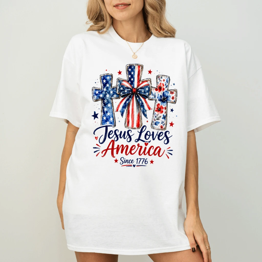 Preppy Watercolor USA Coquette Bow Jesus Loves America T-Shirt - Cute Patriotic Christian Gift for Her - back view