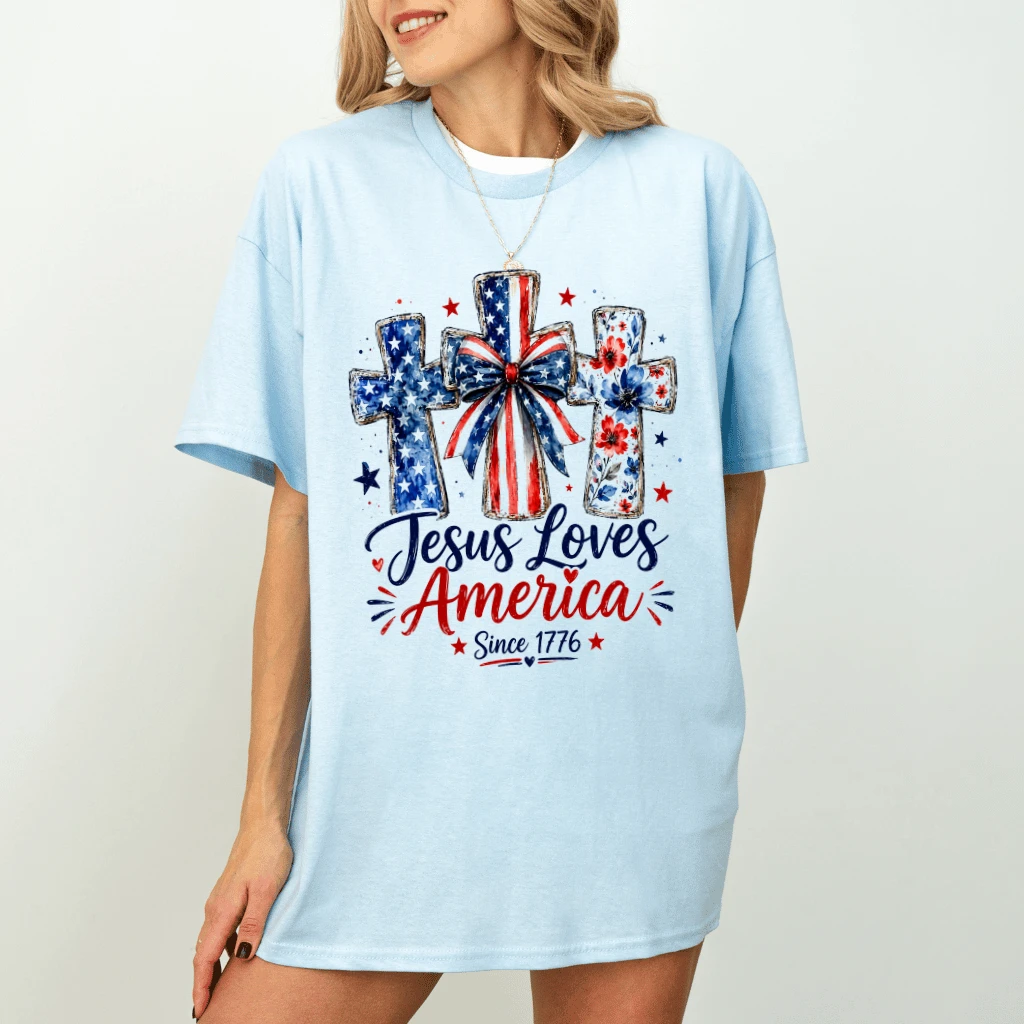 Preppy Watercolor USA Coquette Bow Jesus Loves America T-Shirt - Cute Patriotic Christian Gift for Her - detail view