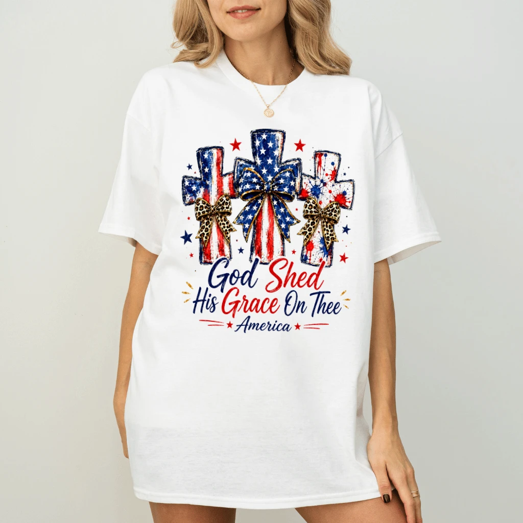 God Shed His Grace On America Preppy Jesus Cross T-Shirt - Patriotic Christian Gift for Her - back view
