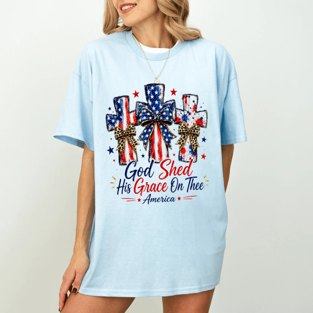 God Shed His Grace On America Preppy Jesus Cross T-Shirt - Patriotic Christian Gift for Her - detail view