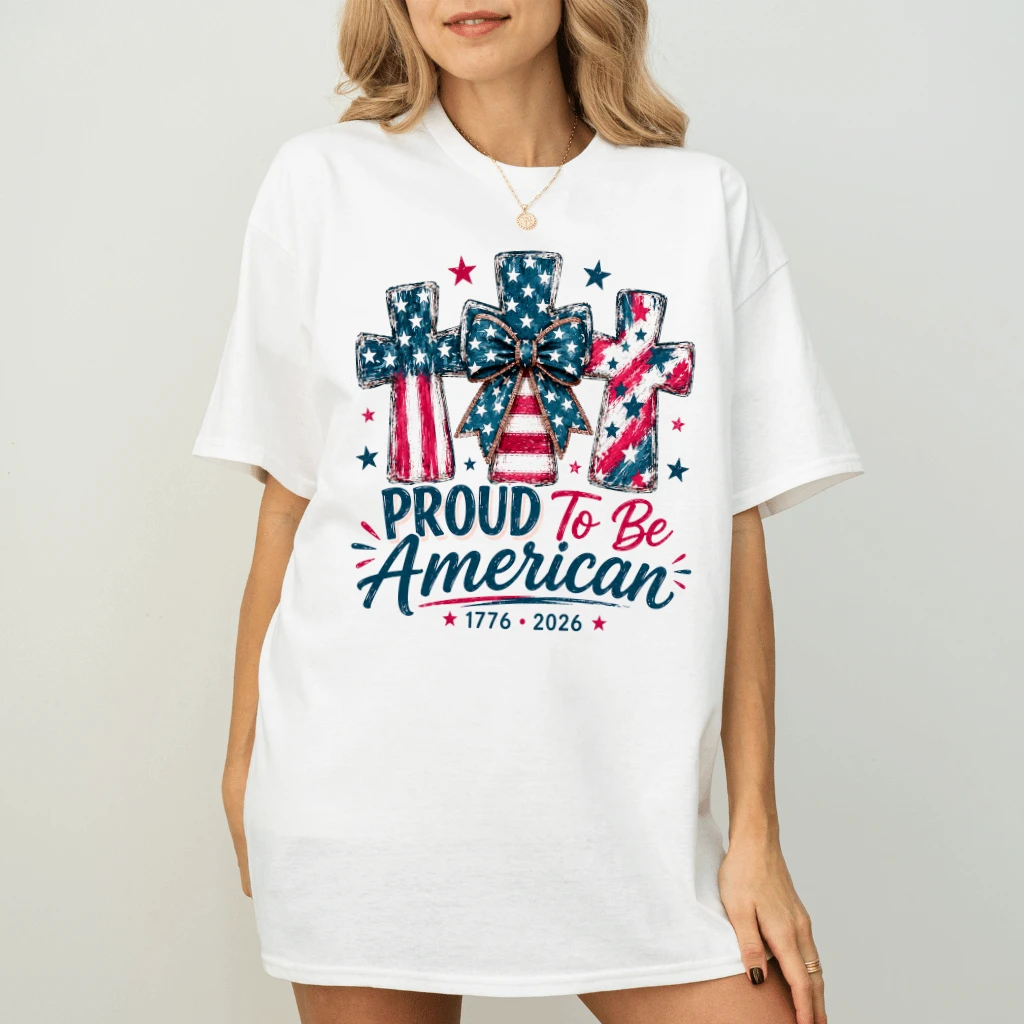 Proud To Be American T-Shirt - Cute USA Flag Jesus Cross Shirt - 1776 2026 Gift for Her - back view