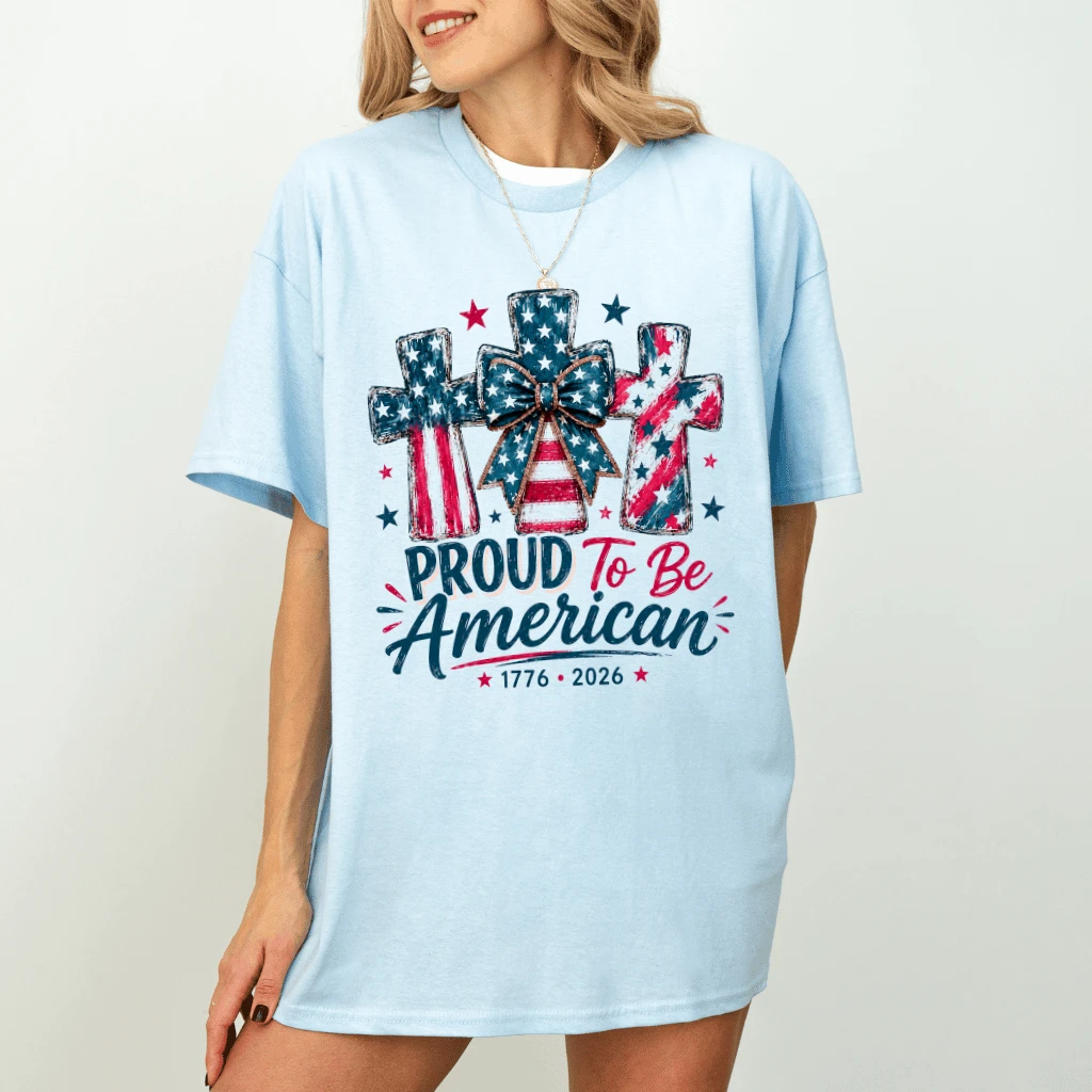 Proud To Be American T-Shirt - Cute USA Flag Jesus Cross Shirt - 1776 2026 Gift for Her - detail view