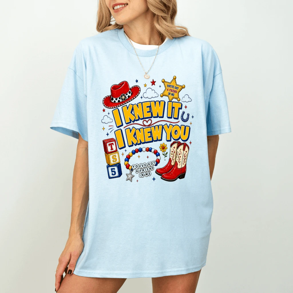 Funny I Knew It I Knew You Western Cowgirl Boots Friendship Bracelet T-Shirt for women - detail view