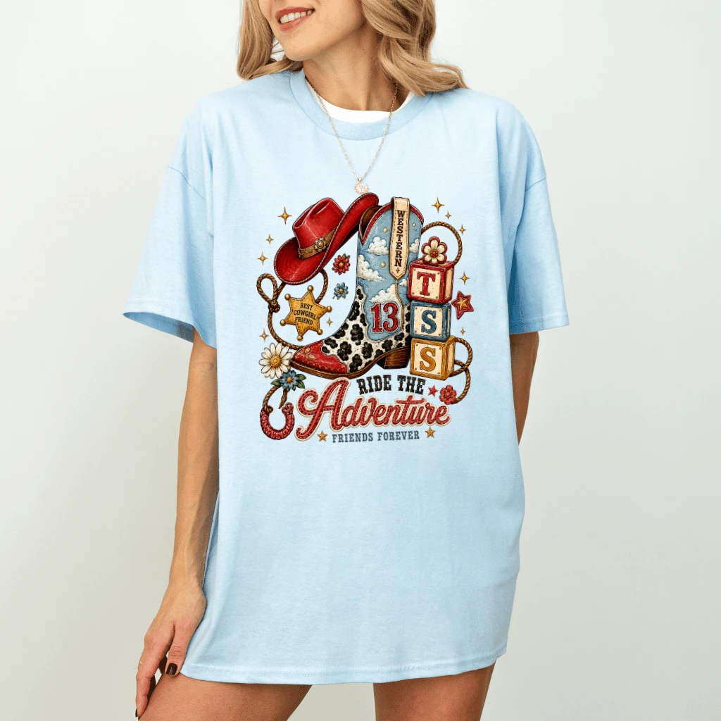 Ride The Adventure Retro Toy Story 5 T-Shirt| Western Cowgirl Shirt for women - detail view