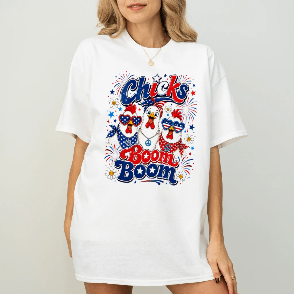 American Chicks Boom Boom Funny 4th of July T-Shirt| Funny Patriotic Chicken Shirt for women - back view