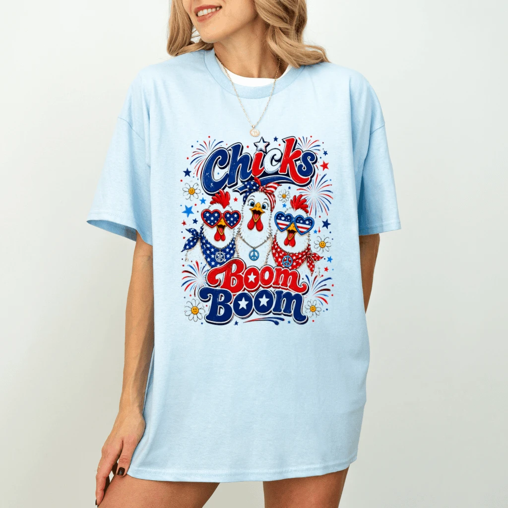American Chicks Boom Boom Funny 4th of July T-Shirt| Funny Patriotic Chicken Shirt for women - detail view