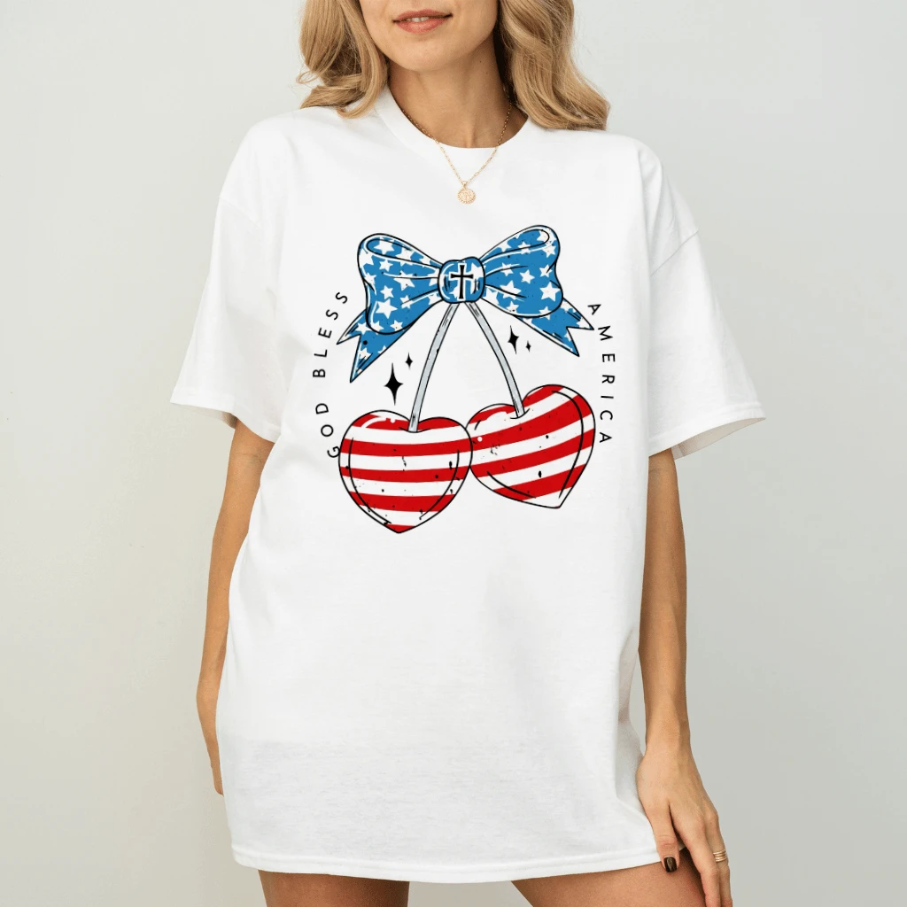 God Bless America Cherry 4th of July T-Shirt for women - back view