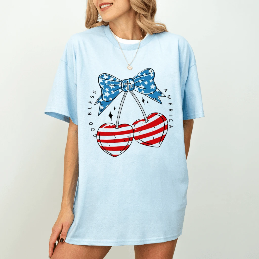 God Bless America Cherry 4th of July T-Shirt for women - detail view