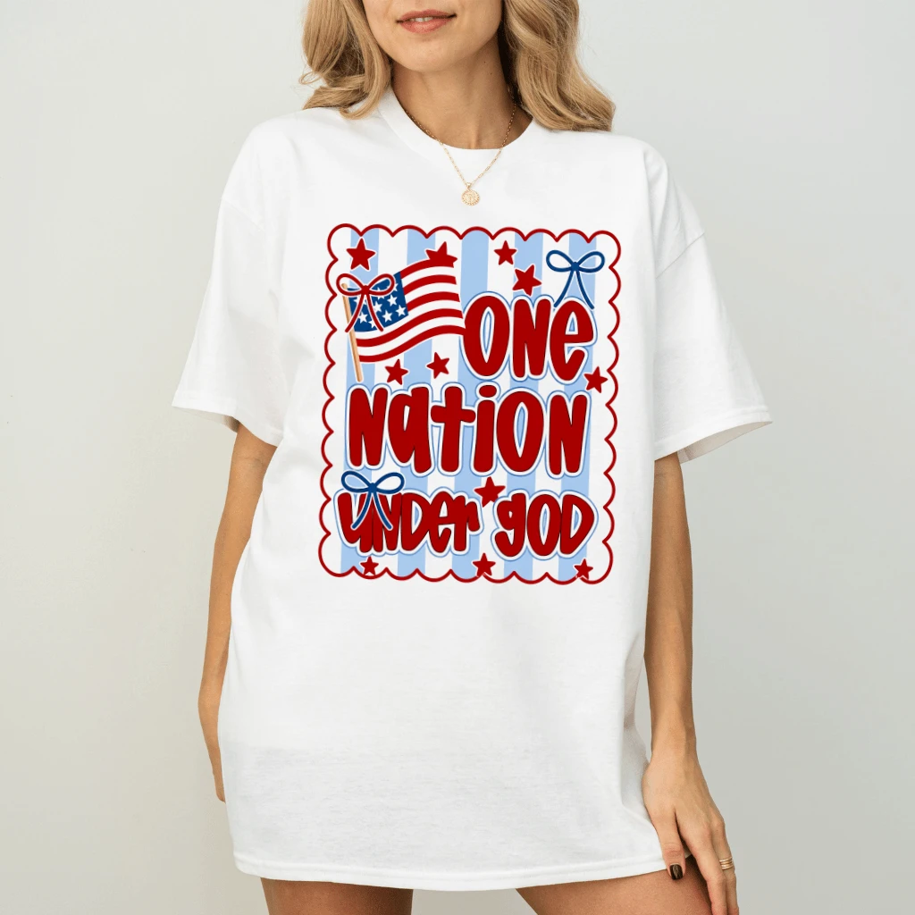 Blue Striped America One Nation Under God T-Shirt| Cute 4th of July Gift for Her - back view