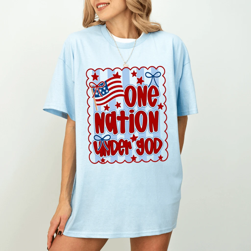 Blue Striped America One Nation Under God T-Shirt| Cute 4th of July Gift for Her - detail view
