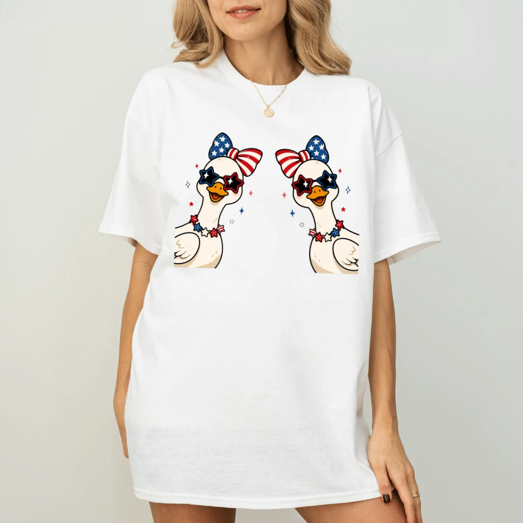 Red White and Goose Funny Couple of Goose 4th of July T-Shirt for women - back view