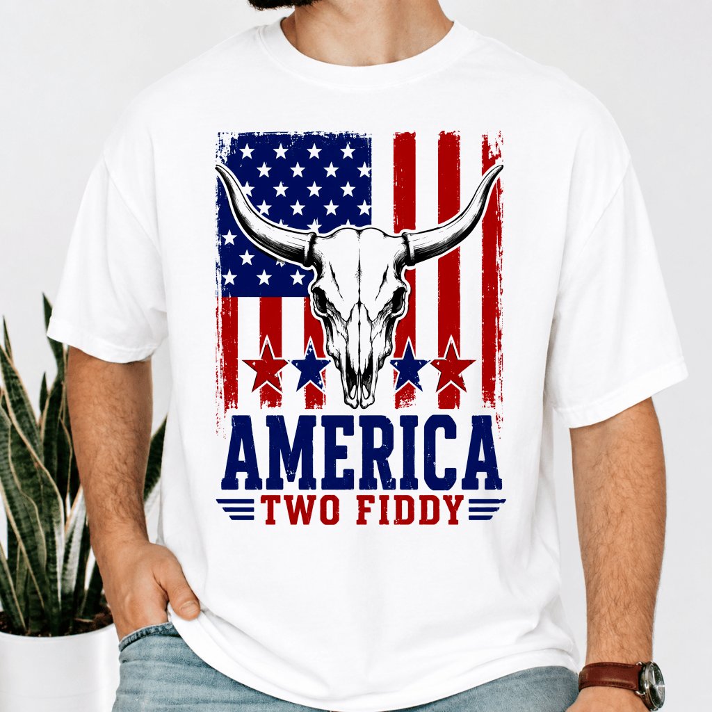 Comfort Colors Highland Cow Skull America Two Fiddy Shirt| Patriotic USA Flag Shirt for men women - back view