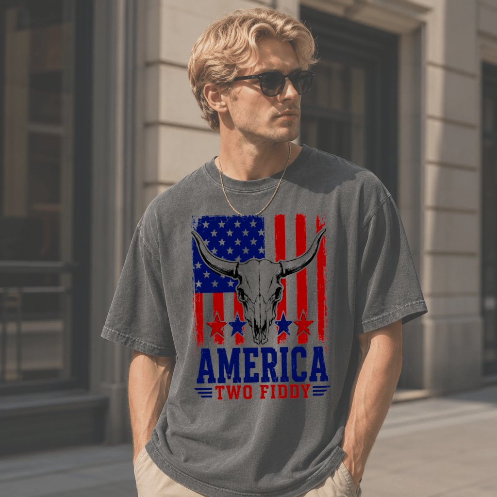 Comfort Colors Highland Cow Skull America Two Fiddy Shirt| Patriotic USA Flag Shirt for men women - detail view