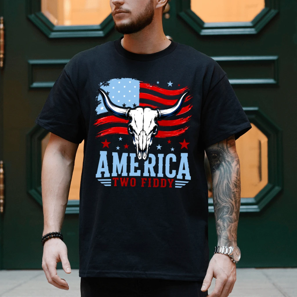 America Two Fiddy Highland Cow Skull Patriotic Flag T-Shirt| 4th of July Gift for Him & Her - back view