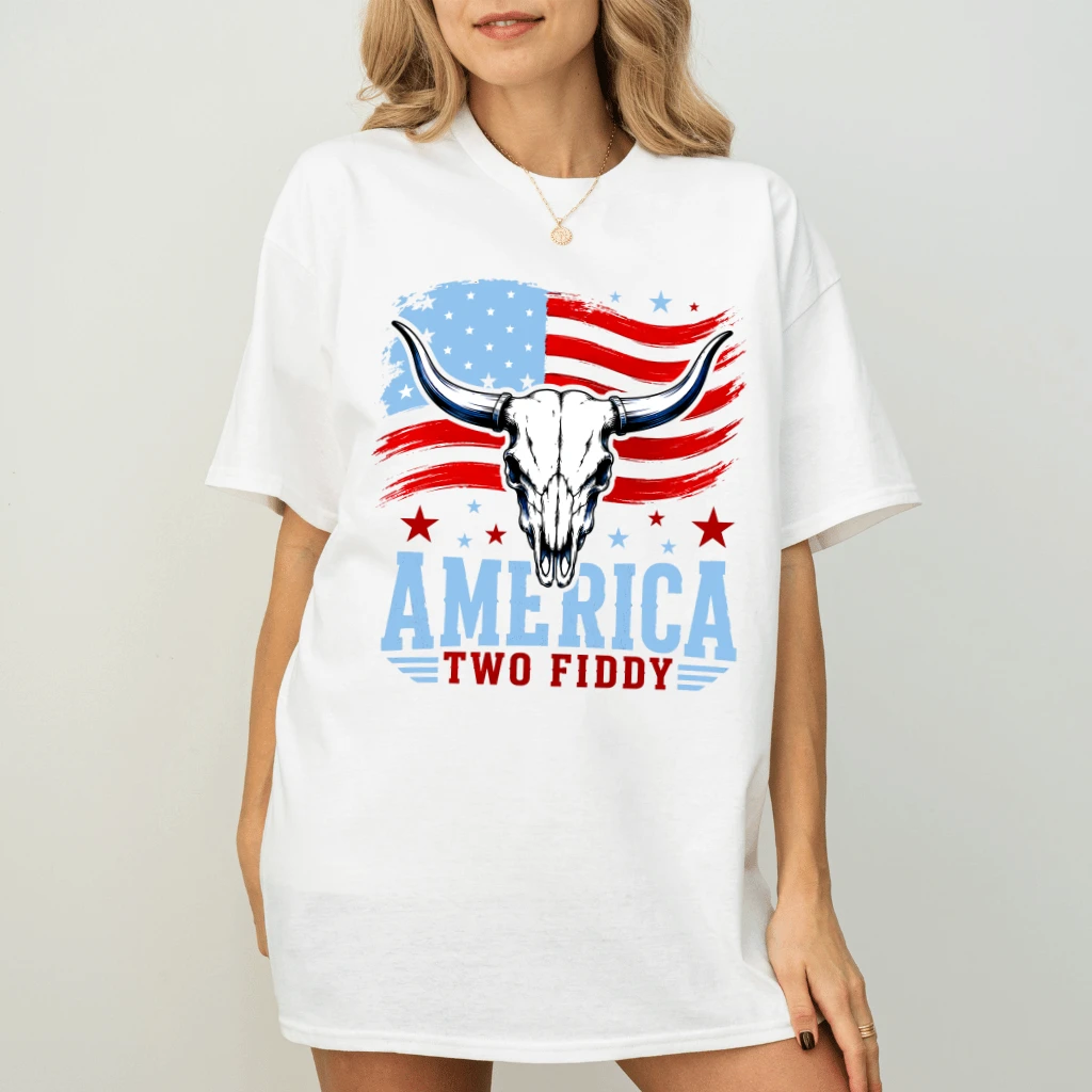 America Two Fiddy Highland Cow Skull Patriotic Flag T-Shirt| 4th of July Gift for Him & Her - detail view