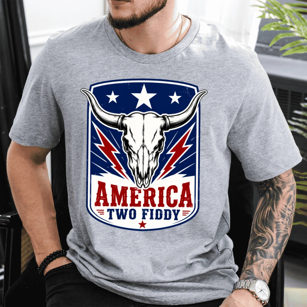 America Two Fiddy Boho Cow Skull T-Shirt| 4th of July Gift for Him & Her - back view