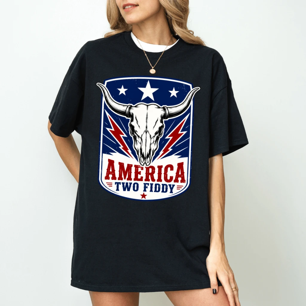 America Two Fiddy Boho Cow Skull T-Shirt| 4th of July Gift for Him & Her - detail view