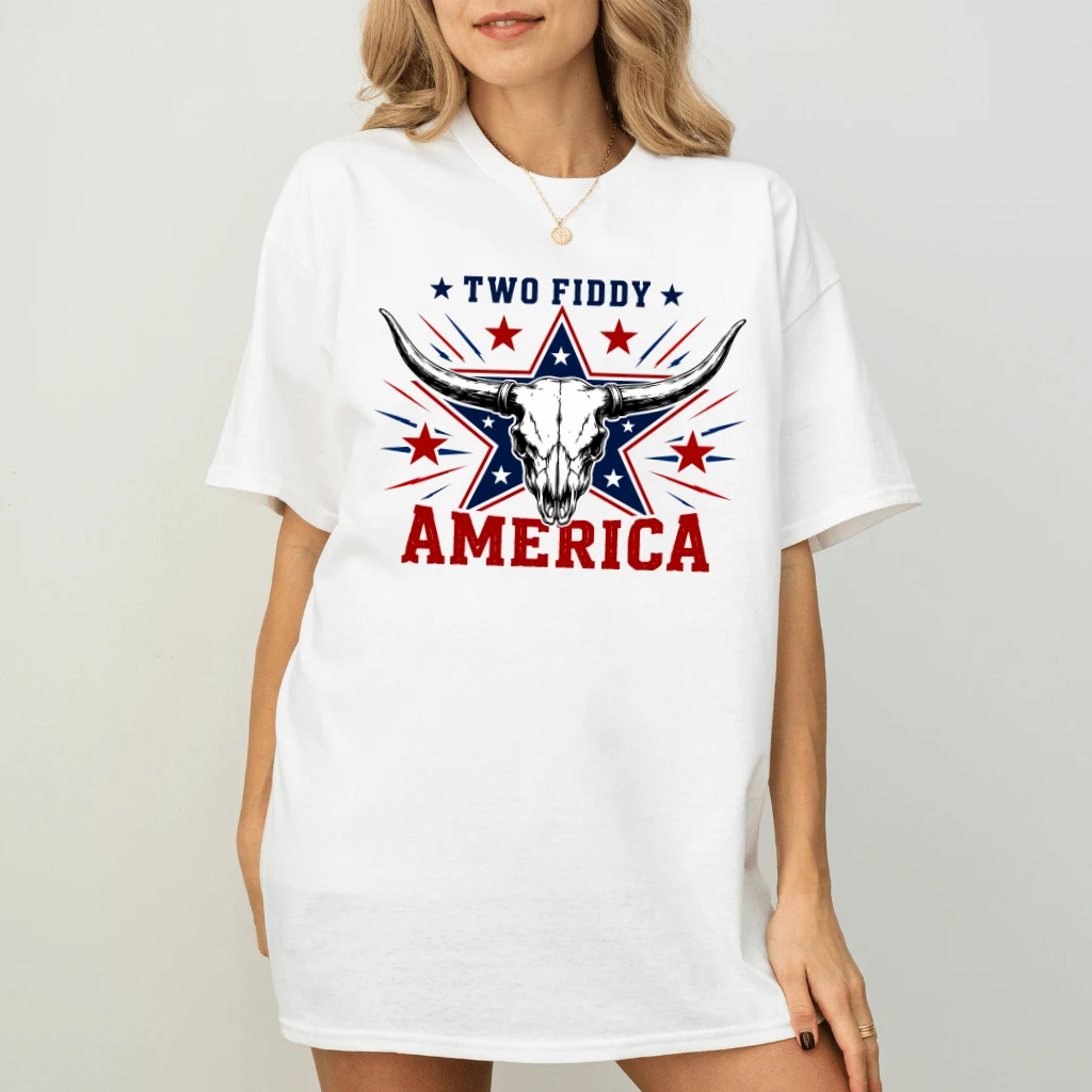 America Two Fiddy T-Shirt| Highland Cow Skull USA Patriotic Gift for Him & Her - back view