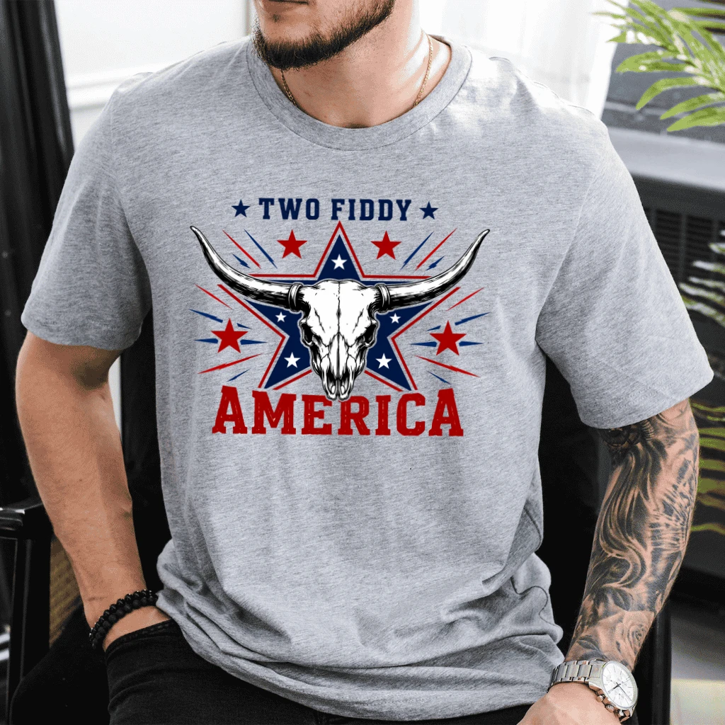 America Two Fiddy T-Shirt| Highland Cow Skull USA Patriotic Gift for Him & Her - detail view