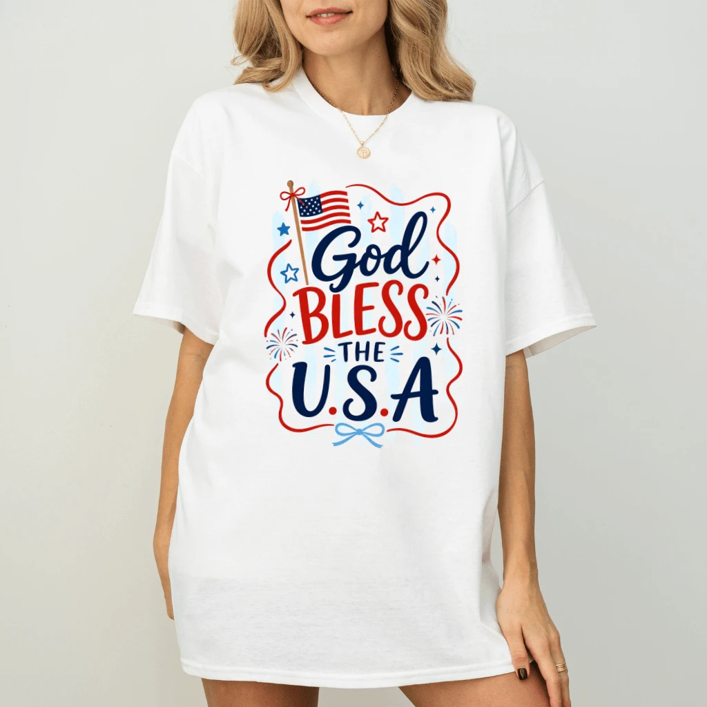 Trending God Bless USA T-Shirt for women| Cute Patriotic Christian Gift for Her - back view