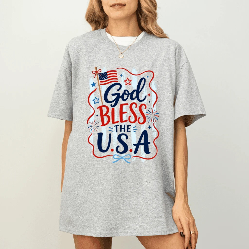 Trending God Bless USA T-Shirt for women| Cute Patriotic Christian Gift for Her - detail view