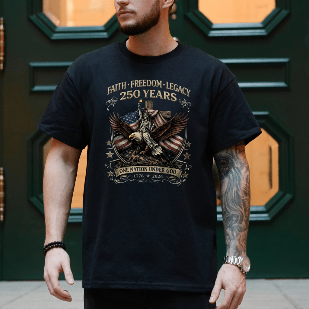 Faith Freedom Legacy 250 Years Bald Eagle T-Shirt| Patriotic Christian Gift for Him Her - back view