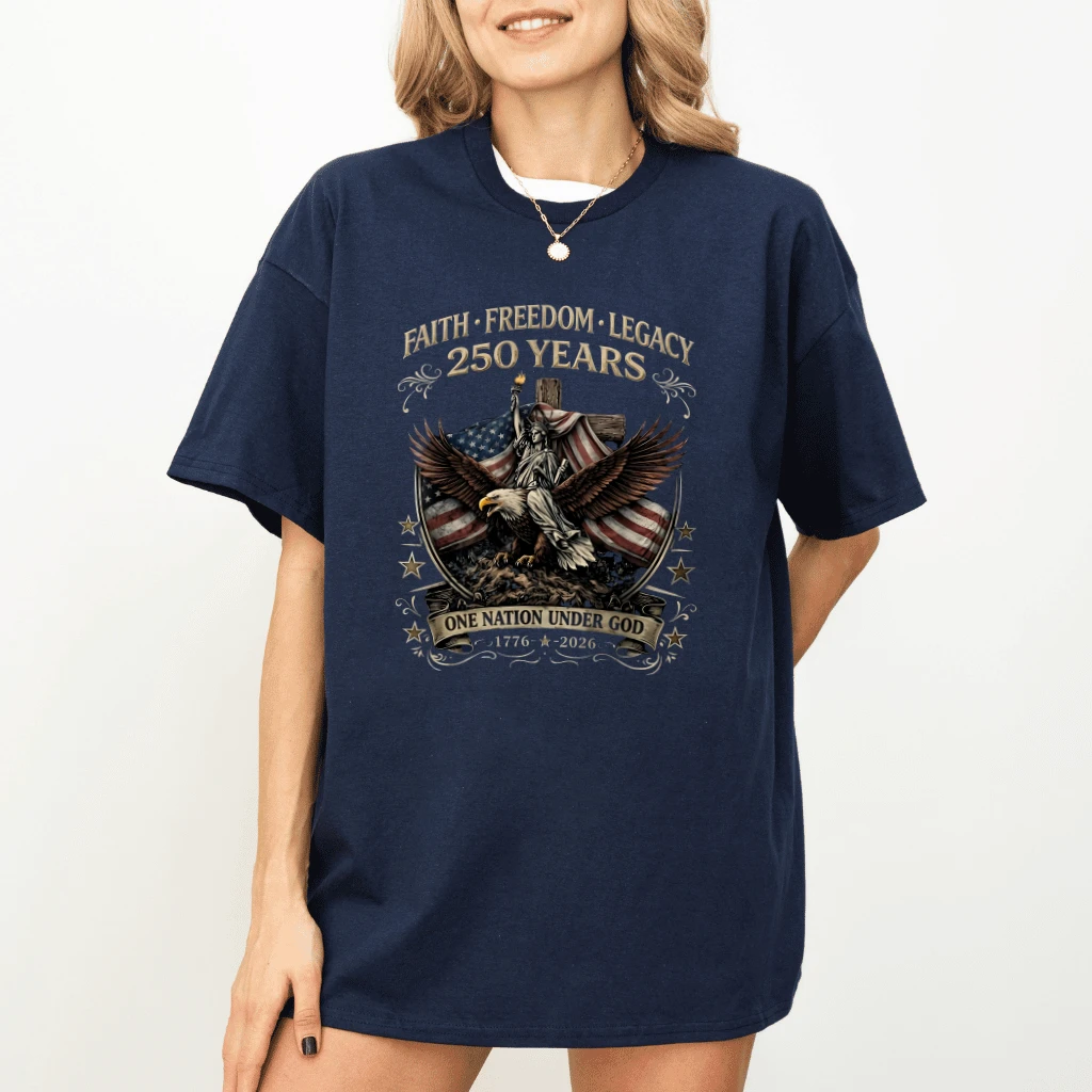 Faith Freedom Legacy 250 Years Bald Eagle T-Shirt| Patriotic Christian Gift for Him Her - detail view