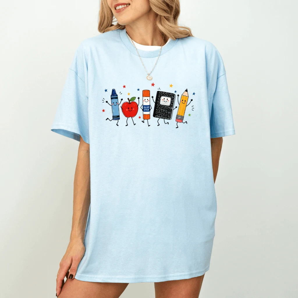 Funny Teacher Life Shirt| Crayon Apple Pencil Notebook T-Shirt| Cute Back To School Gift - detail view