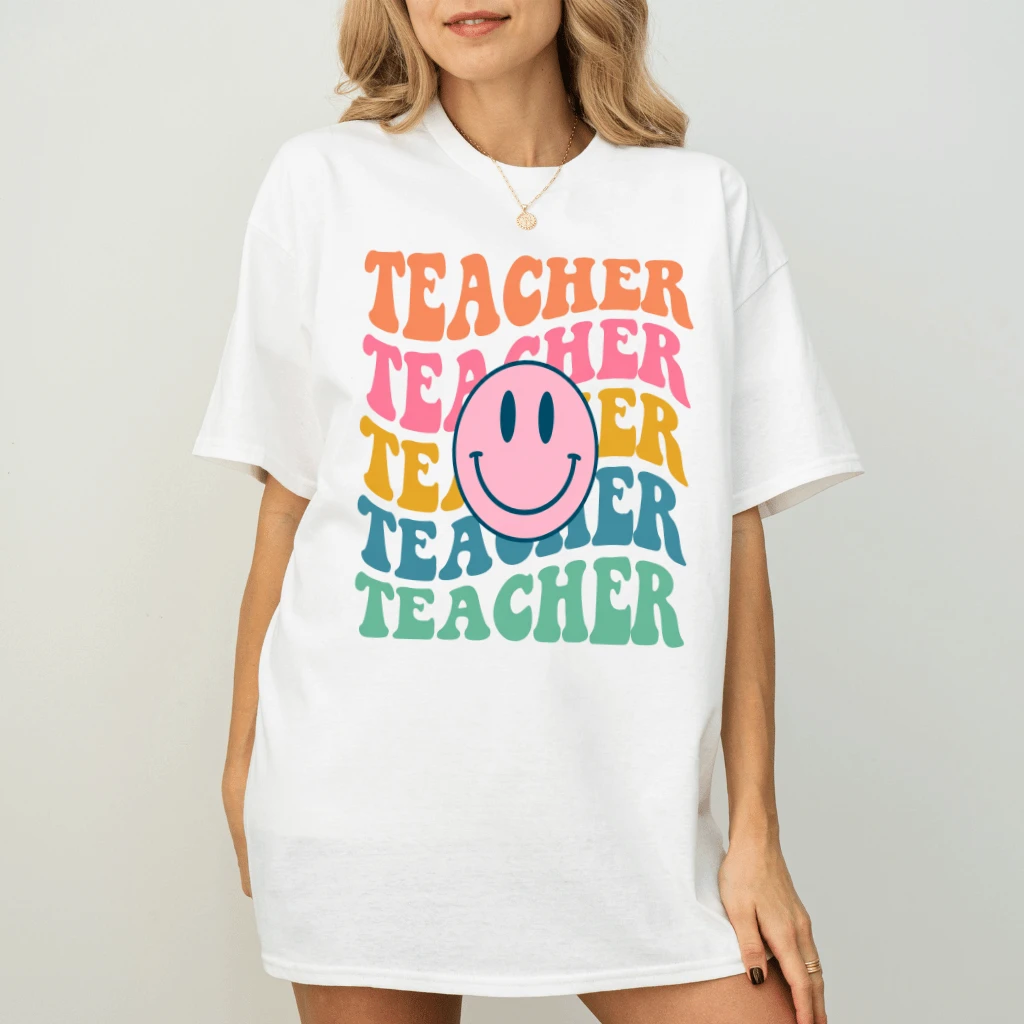 Cute Smile Face Teacher T-Shirt for women| Funny Back To School Gift for Him & Her - back view