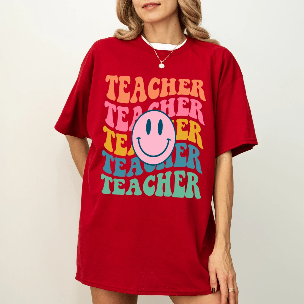 Cute Smile Face Teacher T-Shirt for women| Funny Back To School Gift for Him & Her - detail view