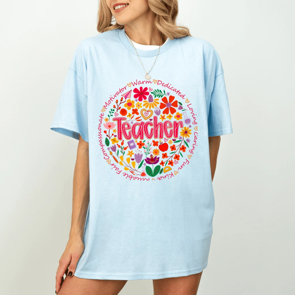 Boho Floral Teacher T-Shirt for women| Cute Back To School Gift for Teachers & Students - detail view