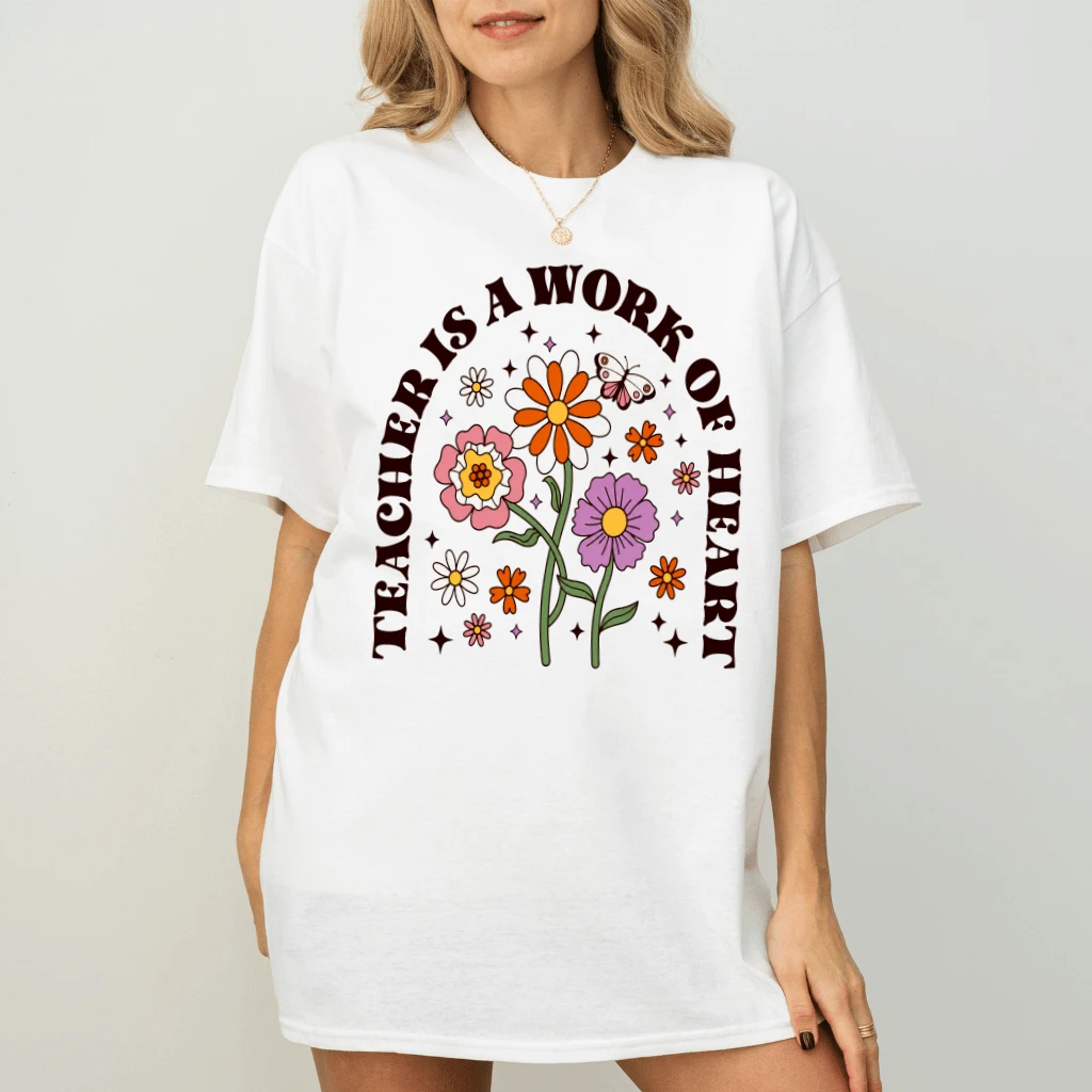 Teacher Is A Work Of Heart Funny Floral Teacher Life T-Shirt for women| Cute Gift for Back To School - back view